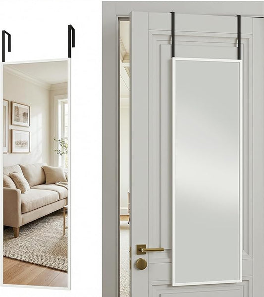 Antok 47''x 14'' Full Length Mirror Over Door, 3-in-1 Standing Leaning Wall Mounted, Adjustable Hanging Mirror for Bedroom Living Room, White, Rect Corner