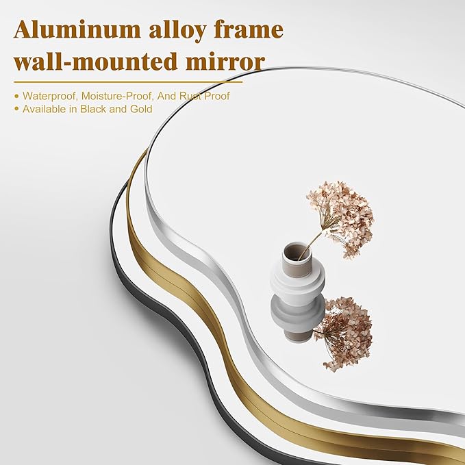 Itrue 20x36 Inch Gold Framed Irregular Tempered Glass Wall Mirror, Asymmetrical Vanity Mirror for Bathroom, Bedroom, Entryway