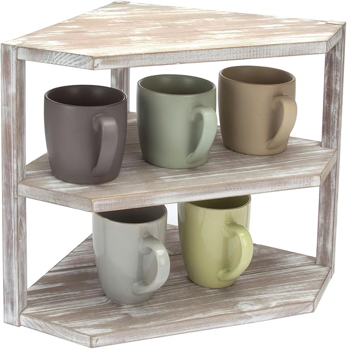 MyGift 3 Tier Counter Corner Shelf for Kitchen, Countertop Spice Rack, Dish Plate & Bread & Fruit Storage Organizer Condiment Shelf, Rustic Brown Washed Solid Wood