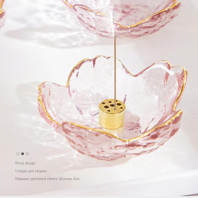 Incense Holder for Sticks and Backflow Incense Handmade Glass Cherry Blossom Incense Stick Holder with 9 Incenses Holes (2 Pcs Plum Blossom with Gilt-Edged)