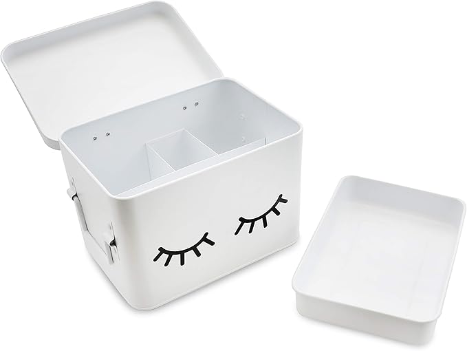 AQ Matte White & Black Metal Storage Box - Removable Tray, Multipurpose Tin with Secure Lid for Cosmetics, Makeup, Toiletries, First Aid - Cute First Aid Box Tin, Minimalist Design