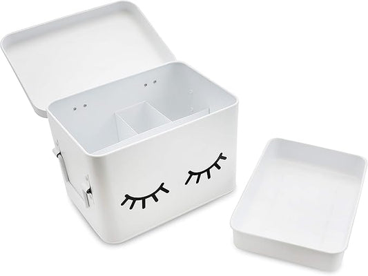 AQ Matte White & Black Metal Storage Box - Removable Tray, Multipurpose Tin with Secure Lid for Cosmetics, Makeup, Toiletries, First Aid - Cute First Aid Box Tin, Minimalist Design