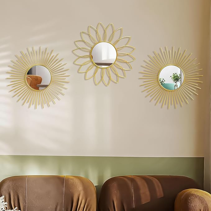 3 Pack Metal Mirrors for Wall Sunburst Wall Mirrors Home Décor Decorative Hanging Wall Art for Living Room Bedroom Entryway (Gold2, Flower+Sunburst)