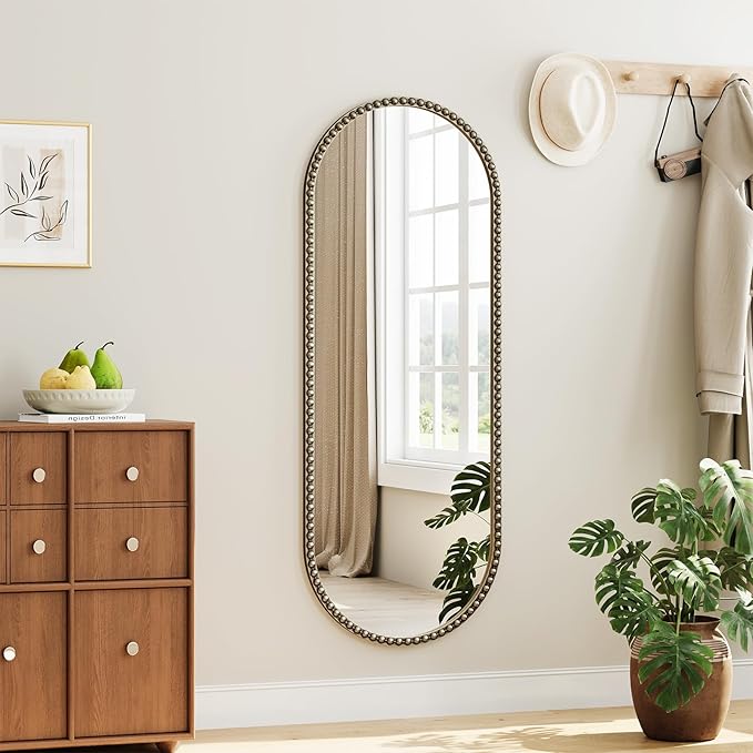 Champagne Bronze Bathroom Mirror with Beaded, 20"x53" Oval Full Length Mirror for Wall Decorated, Gold Vintage Beaded Mirrors with Brass Frame for Bedroom,Living Room,Hallway,Fireplace