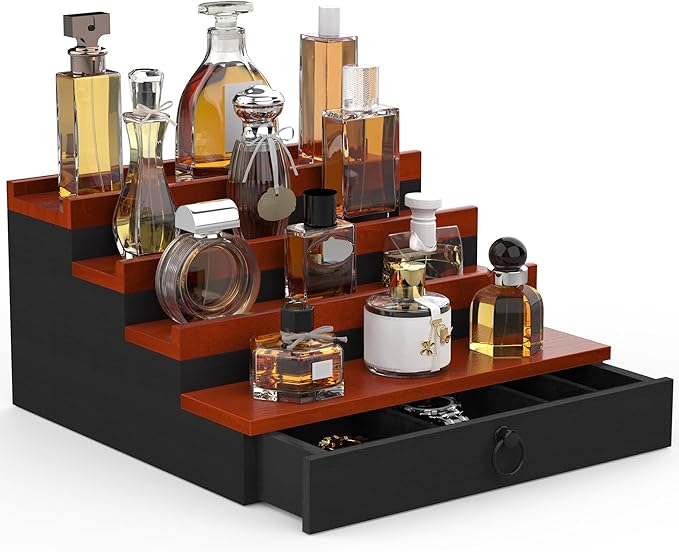 upcessory Cologne Organizer for Men, 4 Tier Perfume Stand, Cologne Shelf with Drawer and Hidden Compartment Perfume Display Holder, A Gift for Men