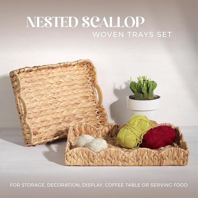 Scalloped Water Hyacinth Tray, Hand-Woven Wicker Storage Baskets with Scalloped Edge and Handles (17x13x3 inch) Rectangular Handwoven Trays, Water Hyacinth Basket, 2 Pack (Light Brown)