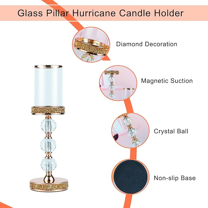 Hurricane Glass Candle Holders, Gold Pillar Candle Holders for Pillar Candle, Magnetic Glass Cover, Crystal Candlesticks Holder for Dining Coffee Table, Wedding,Events,Parties, Home Decor