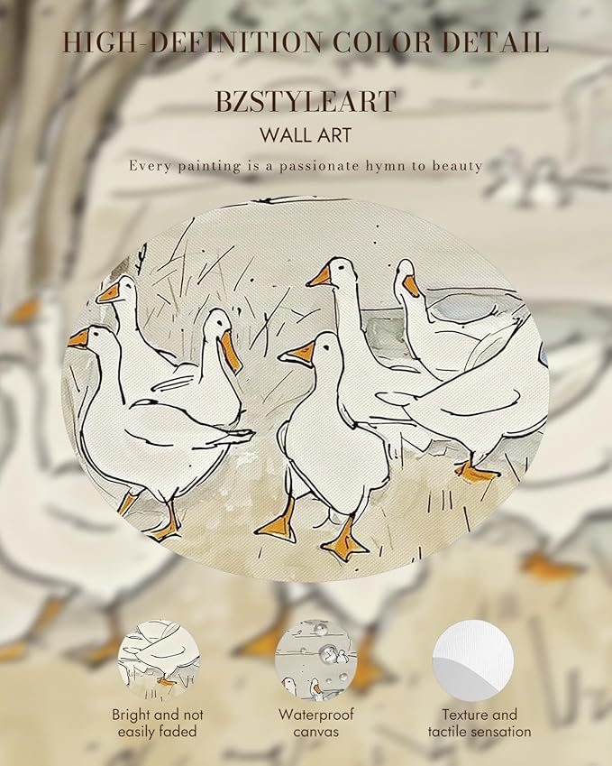 Bzstyleart Vintage Wall Art Decor for Living Room, Gold Framed Canvas Wall Decor Duck Painting Vintage Home Decor Aesthetic, Canvas Animal Prints, 12 x 16 Inch