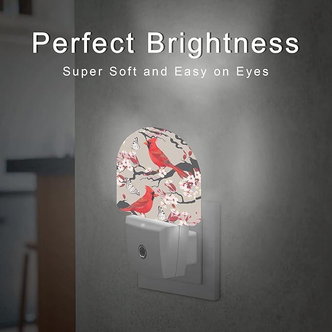 Red Cardinal Night Light,Blooming Cherry Night Lights Plug into Wall for Boys Girls Bedroom Decorative Half Round Nightlight Led Lamp 0.5W Sleep Friendly