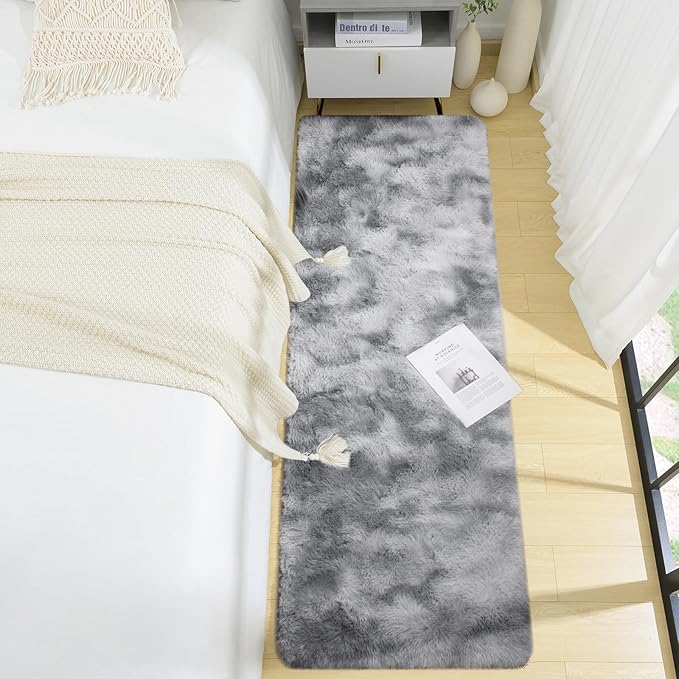 BENRON Soft Runner Rugs for Bedroom 2x6, Washable Long Runners for Hallway Entryway Kitchen Dorm, Fluffy Throw Rug for Kids Girls Room Decor Photo Prop, Tie-dye Grey