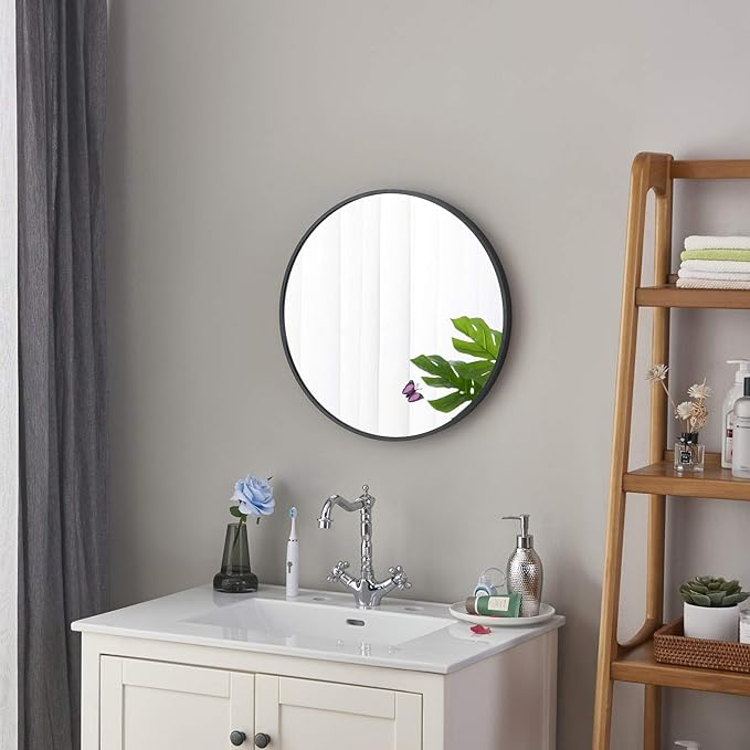 Itrue 24 Inch Round Wall Mirror, Brushed Black Metal Framed Circle Bathroom Mirror, Silver-Backed HD Tempered Glass Vanity Mirror for Over Sink, Living Room, Entryway, Hallway