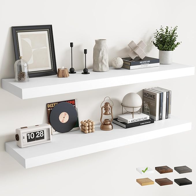 55 Inch Floating Shelves for Wall with Invisible Brackets Set of 2, 12"D Engineered Wood Wall Shelves with Wood Grain for Living Room, Bedroom, Bathroom, Kitchen Decor and Storage, White Finish