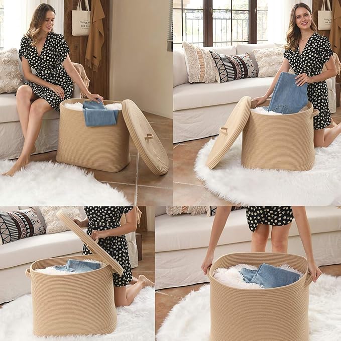 22"x14"x18" Rectangular Extra Large Storage Basket With Lid, Large Cotton Rope Storage Basket, Woven Laundry Hamper, Cloth Storage Bin, for Clothes Towels Blankets in Living Room, All Beige