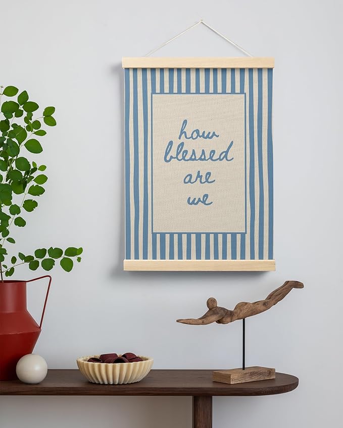 FGFK Trendy Blue Christian How Blessed Are We Wall Art Poster Hanger Frame, Retro Blue Striped Religious Bible Verse Canvas Prints Framed Wall Decor for Home Girls Room Bedroom, 12x16 Inch