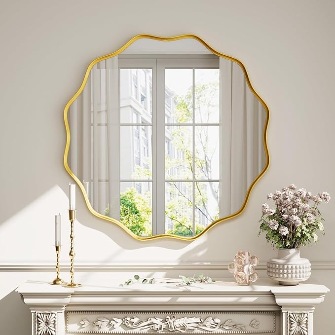 Round Wavy Mirror 36 Inch Bathroom Vanity Mirror Metal Frame Circle Wall Mounted Mirror for Bedroom Living Room Entryway Gold