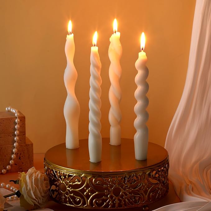 Nuanchu 4 Pcs Twisted Taper Candles Wax Unscented Smokeless Spiral Swirl Candlesticks for Wedding Holiday Dinner Party Home Decorations(7.87 Inch,Pure,White)