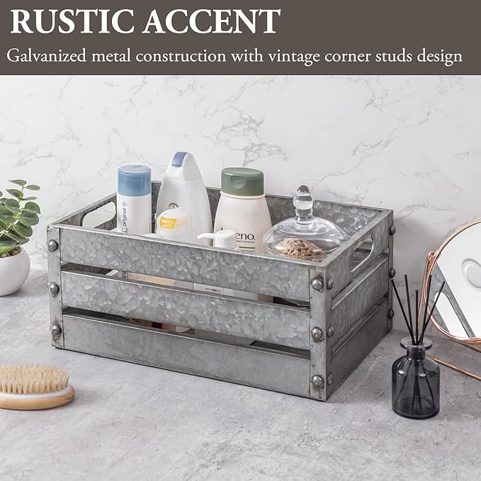 MyGift 16-inch Rustic Silver Galvanized Metal Storage Crate Display Box with Vintage Corner Studs & Handles