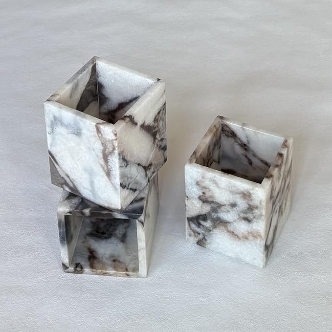 Natural Marble Stone Square Storage Container Empty Vessel Holder Cup for Candle/Pens/Sundries items (White Elephant Marble)