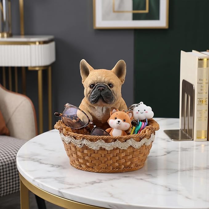 Dog Resin Storage Basket, Desktop Organizer for Remote & Keys, Cute Home Decor Tray, Ideal present for Pet Lovers.(French Bulldog Fawn)