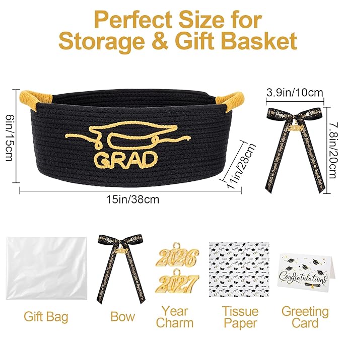 Colingmill 2026 Graduations & Nurses Week Gift Basket Empty to Fill, Woven Rope Basket 15" x 11" x 6" Decorative Storage Baskets with Gift Bag, Bow, Tissue Paper & Year Charm (Black,Gold,Graduation)