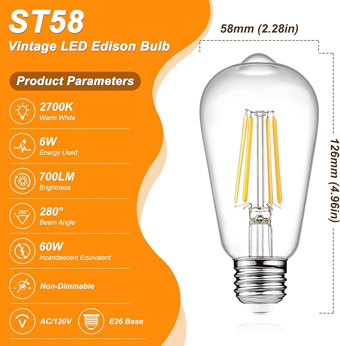 Ascher Vintage LED Edison Bulbs 6W, Equivalent 60W Incandescent, Non-Dimmable, Warm White 2700K, ST58 Antique LED Filament Bulbs with 80+ CRI, E26 Medium Base, Clear Glass, 6-Packs