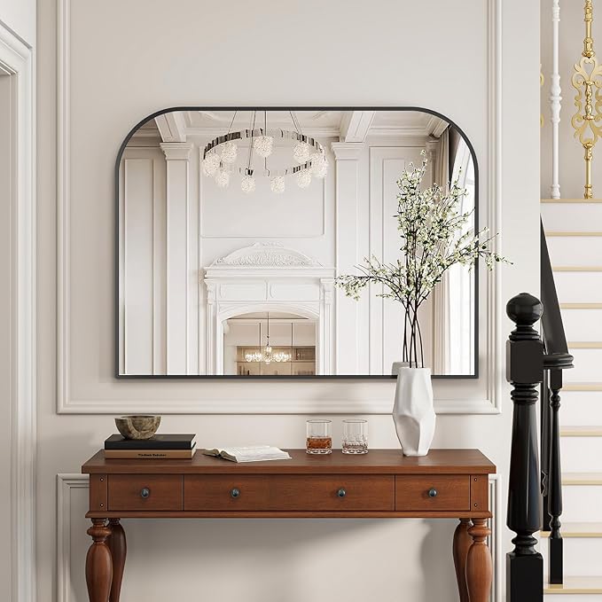 Black Arched Top Wall Mounted Mirror - 48 x 30 Inch Round Cruved Top Bathroom Vanity Mirror, Aluminum Metal Framed, Home Decor for Living Room, Bedroom, Fireplace, Mantle, Entryway