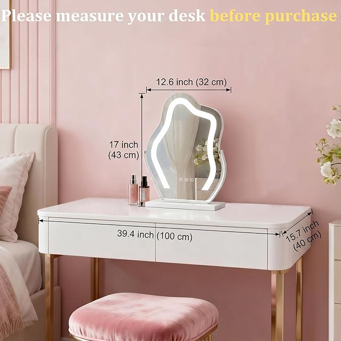 Makeup Mirror with Lights - 17″ Cloud Shaped Smart Touch 3-Color Dimmable 360° Rotation Memory Metal Frame Plug-in AC Power Tabletop Vanity Mirror Gift for Women Teen Girls White