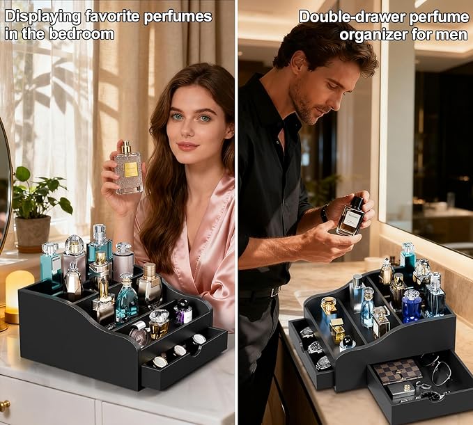 Perfume Organizer for Men，4 Tier Cologne Organizer for Men，Wood Cologne Stand with 2 Drawer and Hidden Storage for Watch, Jewelry, Perfume Display Risers, A Gifts for Man (Black)