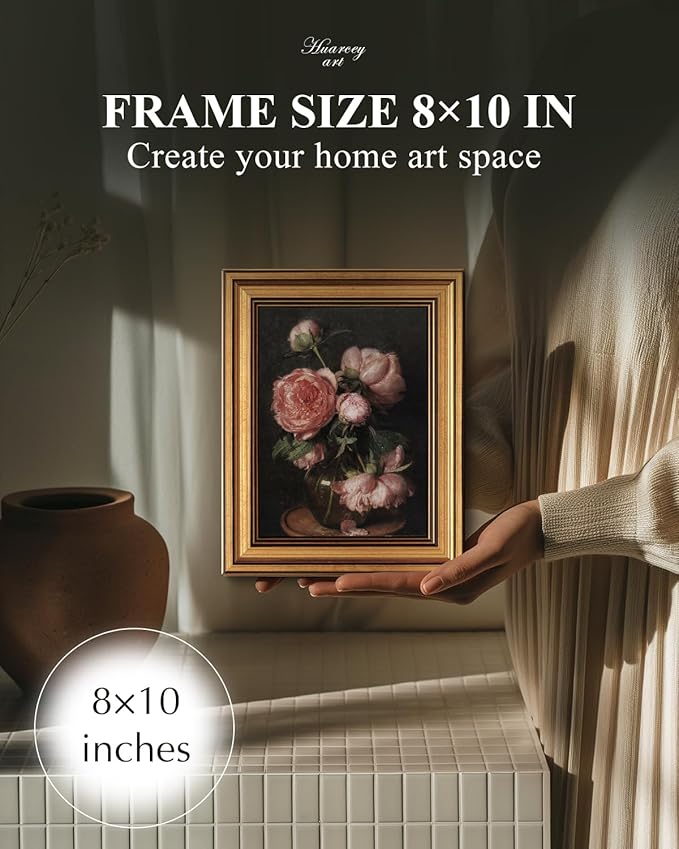 HUARCEY Framed Canvas Wall Art Prints, Bathroom Shelf Vintage Decor Aesthetic, Peony Floral Paintings Farmhouse Wall Decor, Retro Table Desk Decoration for Bedroom Living Room, 8x10Inch