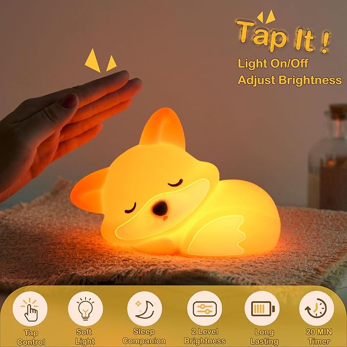 VoMii Fox Night Light for Kids, Cute Fox Lamp Silicone Baby Nursery Night Lamp, Dimmable Squishy Touch Bedside Lamps, Adorable Rechargeable Animal Lamps Gifts Kawaii Room Decor for Kids Girls Boys