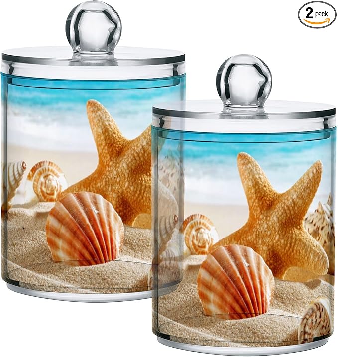 ALAZA 2 Pack Qtip Holder Dispenser for Cotton Ball Beach Starfish Ocean 2 Cotton Swab Round Pads Clear Plastic Acrylic Jar Set Bathroom Canister