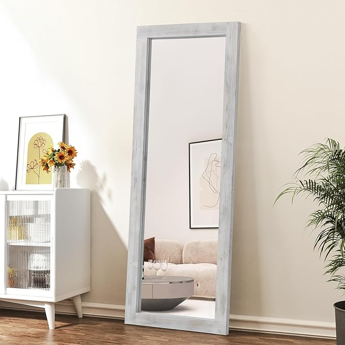 Rustic Farmhouse Full Length Mirror, 64"x21" Wood Frame Floor Mirror, Free Standing Mirror for Bedroom Living Room Cloakroom, Weathered White
