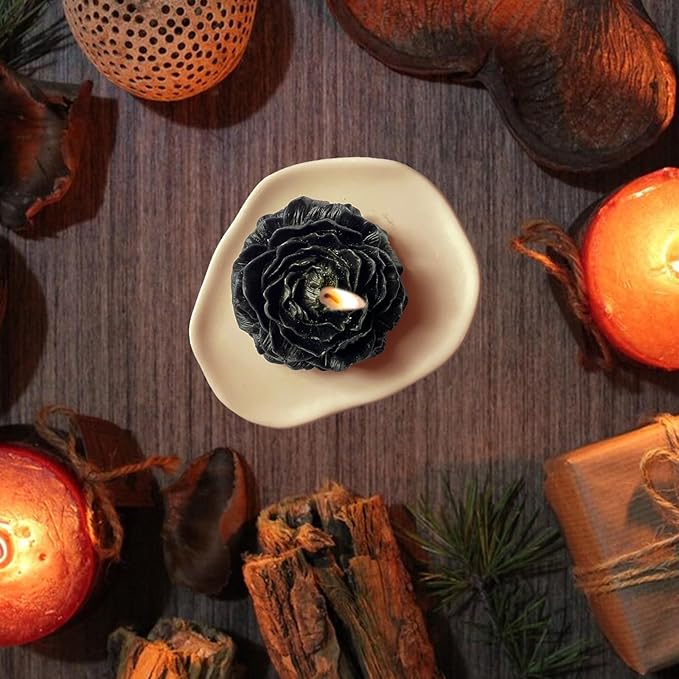 Black Peony Flower Shape Candles for Women Men Friends Colleague Classmates Gift, 3 Inch Pastel Aesthetic Scented Candle with Agarwood Fragrance
