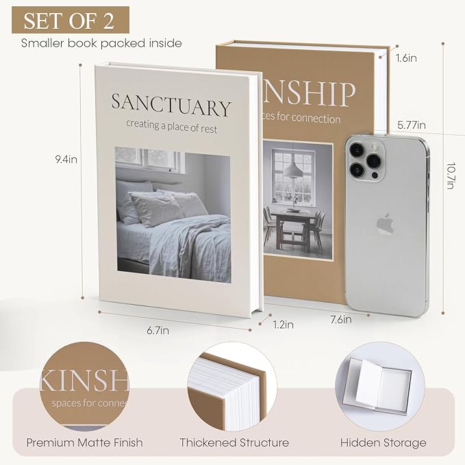 Minimalist Fake Books for Bookshelf Decor (Set of 2) - White Decorative Box with Storage - Scandi & Clean Aesthetic Coffee Table Books - Sanctuary & Kinship (Cloud White & Sand Beige)