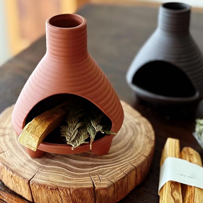 Ceramic Palo Santo Holder Burner, Handmade Incense Burner, Cone Ash Catcher Smudge Bowl for Meditation Yoga Home Decor Incense Holder, Brown