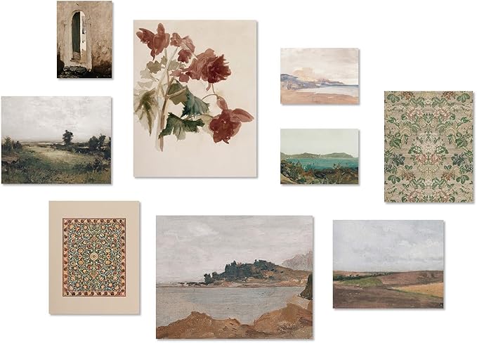 Habseligkeit Retro Prints for Wall Decor, Vintage Wall Art Prints,Aesthetic Landscape Home Decor Unframed, Set of 9