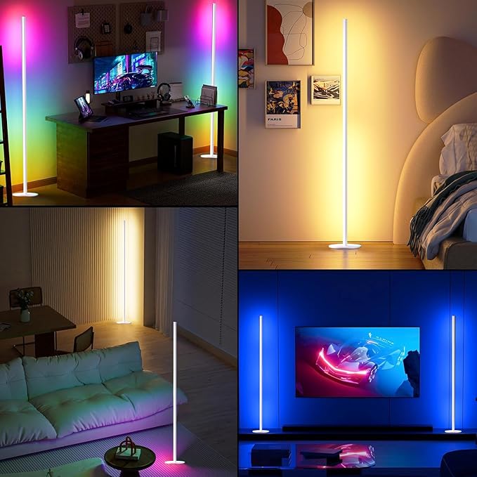 White Corner Floor Lamp 1 Pair, LED Corner Lamp with Remote Control, APP Control 16 Million Colors, Timing, Color Changing Ambient Lighting for Living Room, Bedroom, Gaming (Only One Adaptor)