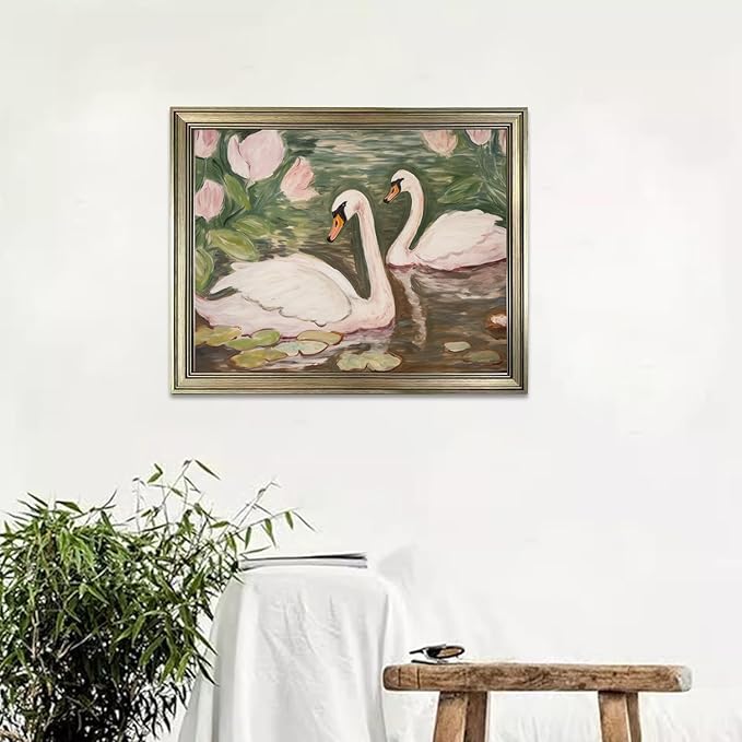Swan Wall Art Vintage Framed Animal Wall Decor Pink and Green Girls Room Decor Girly Office Canvas Print Painting Home Artwork