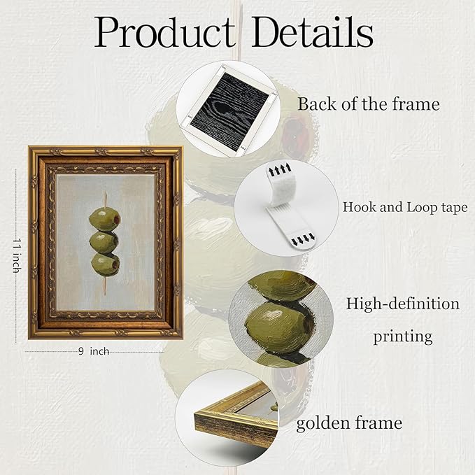 Gold Framed Wall Art Vintage Dirty Martini Olives Wall Art Retro Green Olives Cocktail Bar Cart Wall Decor Picture Summer Trendy Minimalist Kitchen Poster Print for Living Room Dining Room 9x11in
