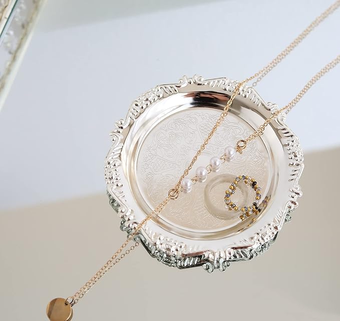 Round Storage Tray Necklace tray Jewelry Holder Organizer Dessert Plate Fruit DishRing Dish Organizer Holder Home Decor Wedding Gift for Perfume Candle Holiday Party (Silver, Mini)