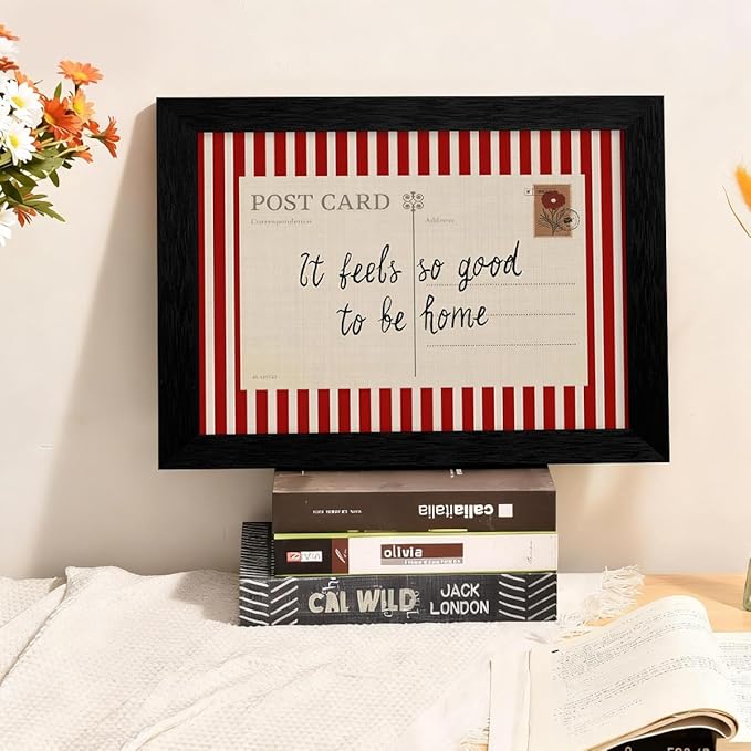 Red Vintage Postcard Poster 08x10 inch Black Framed It Feels So Good To Be Home Quote Wall Art Mid Century Modern Striped Canvas Prints for Living Room Bedroom Wall Decor