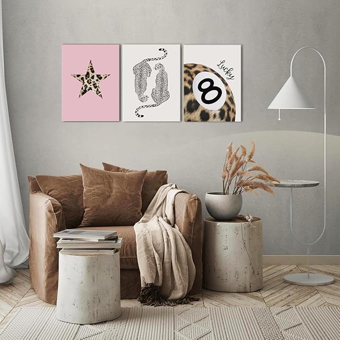 Hwetui Trendy Leopard Canvas Wall Art Set of 3 Funky Lucky 8 Ball Posters Prints Preppy Room Aesthetic Painting Cheetah Wall Decor Pictures for Girls Bedroom Apartment Dorm 12x16 Inch Framed