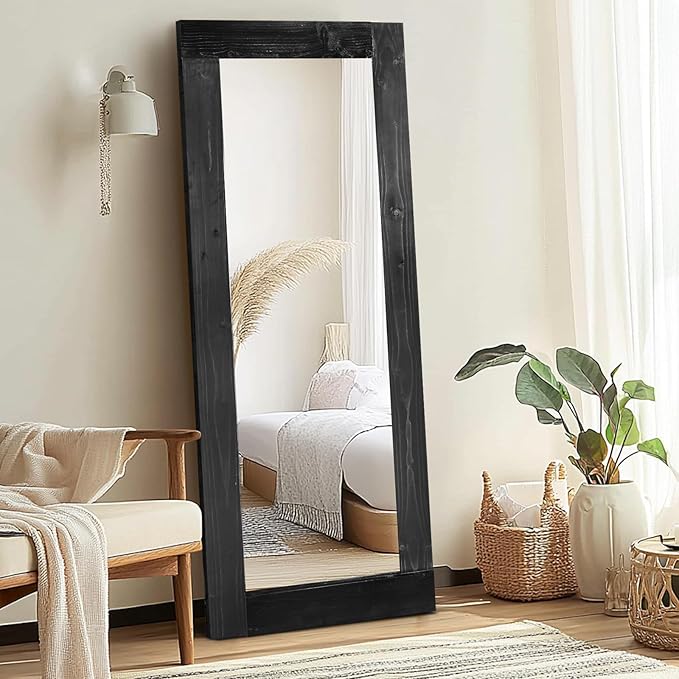 Full Length Mirror 58"x24" – Solid Wood Frame, HD Tempered Glass, Wall Mounted & Leaning, Rustic Modern Decor for Bedroom, Living Room, Entryway, Black