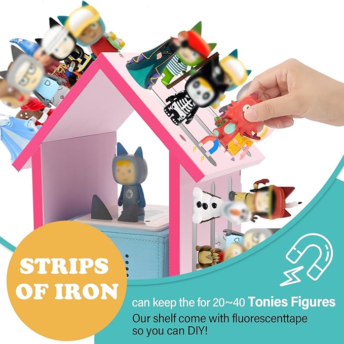 for Tonies Box Shelf Magnetic House Storage Shelf, Compatible with Tonie Box 1/2 Player Character Tonies Figures Characters for Children Room, Wall-Mounted and Desktop Placement (Pink)