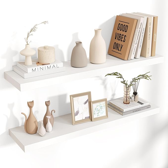 Venusmiles Floating Shelves for Wall 36 inch Long, Engineered Wood Wall Shelves with Invisible Brackets for Living Room Bedroom Bathroom Office Kitchen Decor and Storage, White Finish, Set of 2