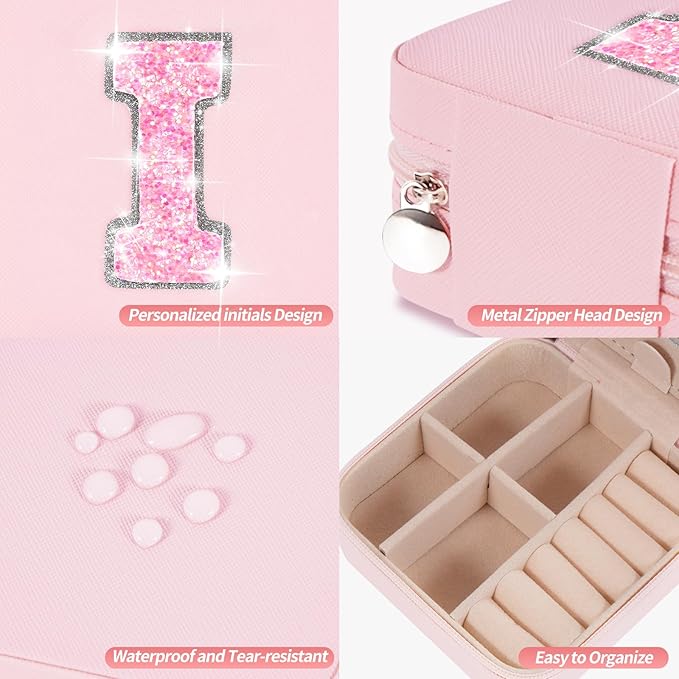 Uygafly Personalized Jewelry Case for Women Girls - Fashion Mini Jewelry Boxes - Trendy Travel Jewelry Organizer with Initials Letter - Teen Gifts | Pink,I