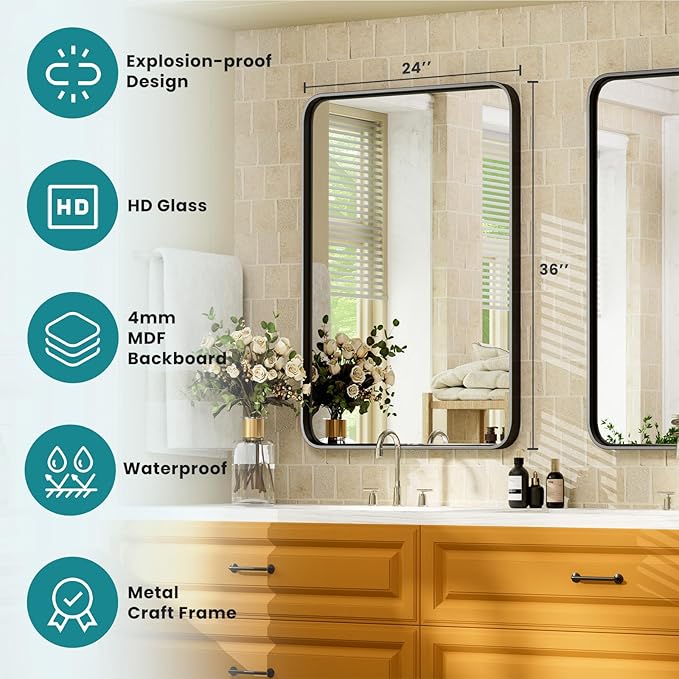 NEWBULIG 24X36 Inch Bathroom Wall Mirror, Vanity Bathroom Mirrors for Over Sink Tempered Glass, Anti-Rust Metal Framed Rounded Rectangle, Hangs Horizontally or Vertically, Farmhouse Home Decor, Black