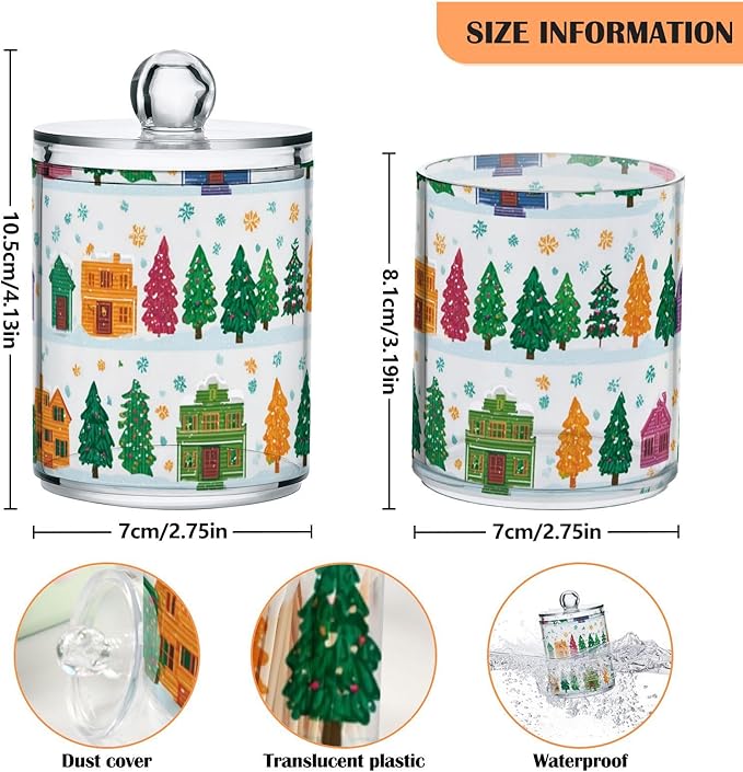 2 Pack Apothecary Jars Christmas Village Trees Pattern Bathroom Vanity Storage Organizer Set,Small Clear Plastic Storage Jars Bathroom Canister for Cotton Swabs, Rounds, Balls, Qtips,Makeup Spo