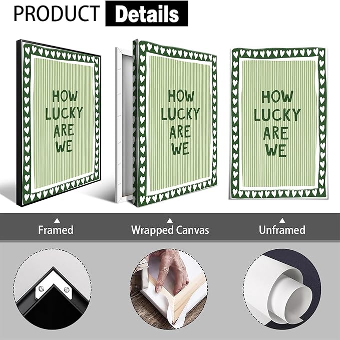How Lucky Are We Poster Canvas,Green Stripe Quote Wall Art Print,Trendy Preppy Wall Decor For Apartment Room Bedroom Aesthetic 12X18 in Wrapped Framed Ready To Hang
