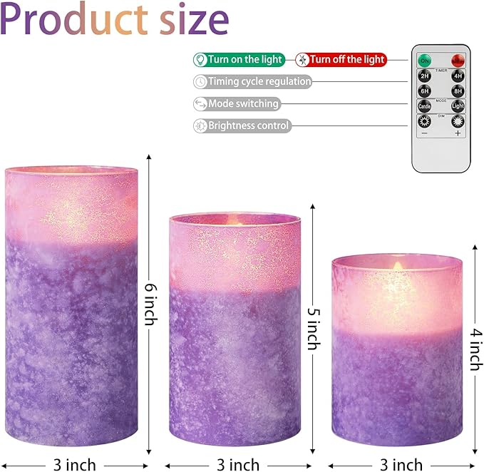 Purple Flameless Candles with Remote and Timer, Real Wax Battery Operated Candles for Home Decor, Set of 3 Flickering Glass LED Pillar Candles for Christmas Halloween Decoration